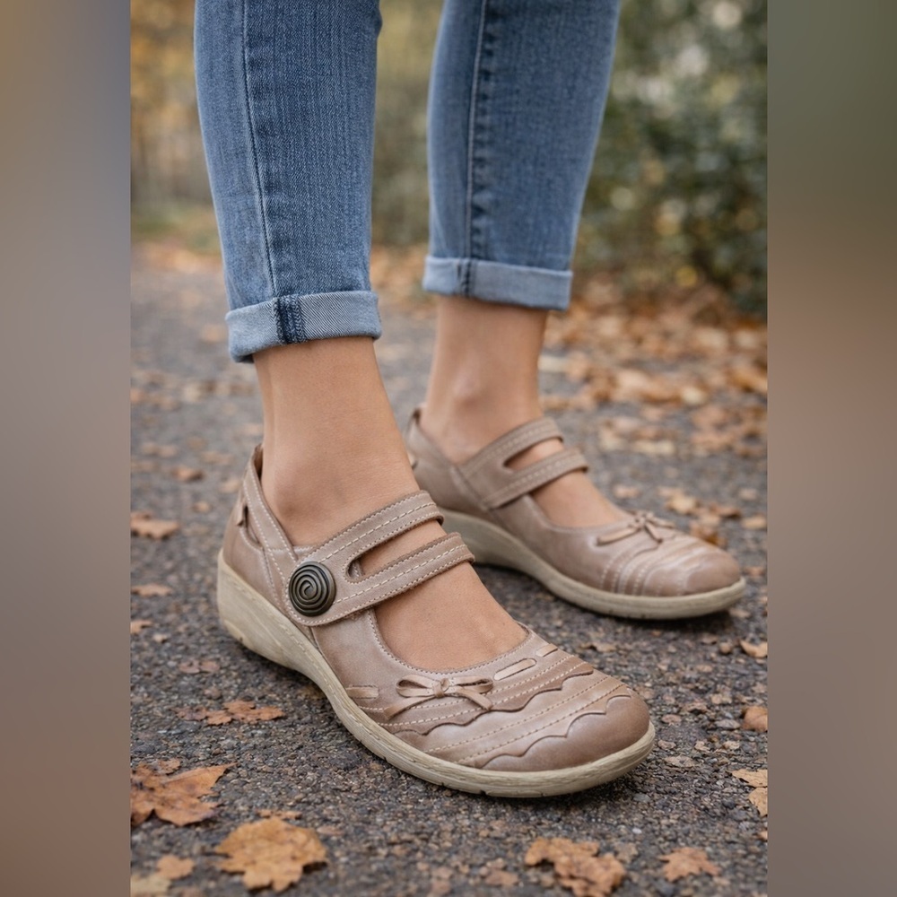 Remonte Taupe Mary Jane Flats with Decorative Button